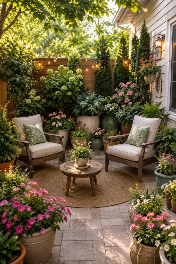 Cozy Patio Surrounded by Potted Greenery