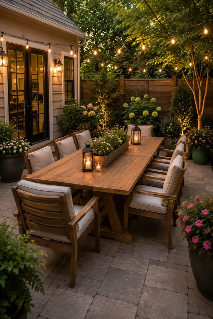 Outdoor Dining Patio With a Wooden Table
