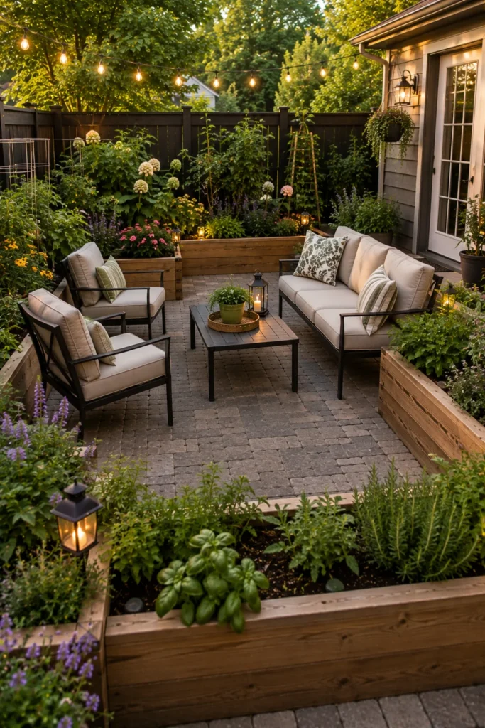 Patio Surrounded by Raised Garden Beds