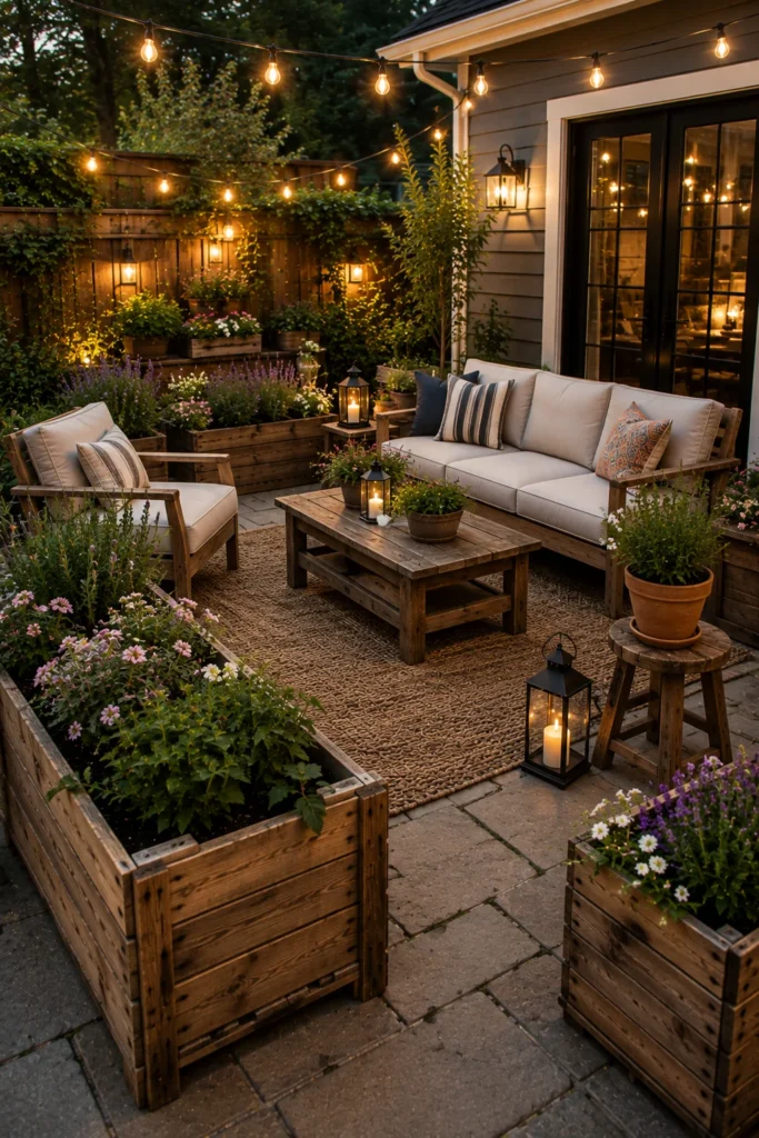 Rustic Patio With Wooden Planters