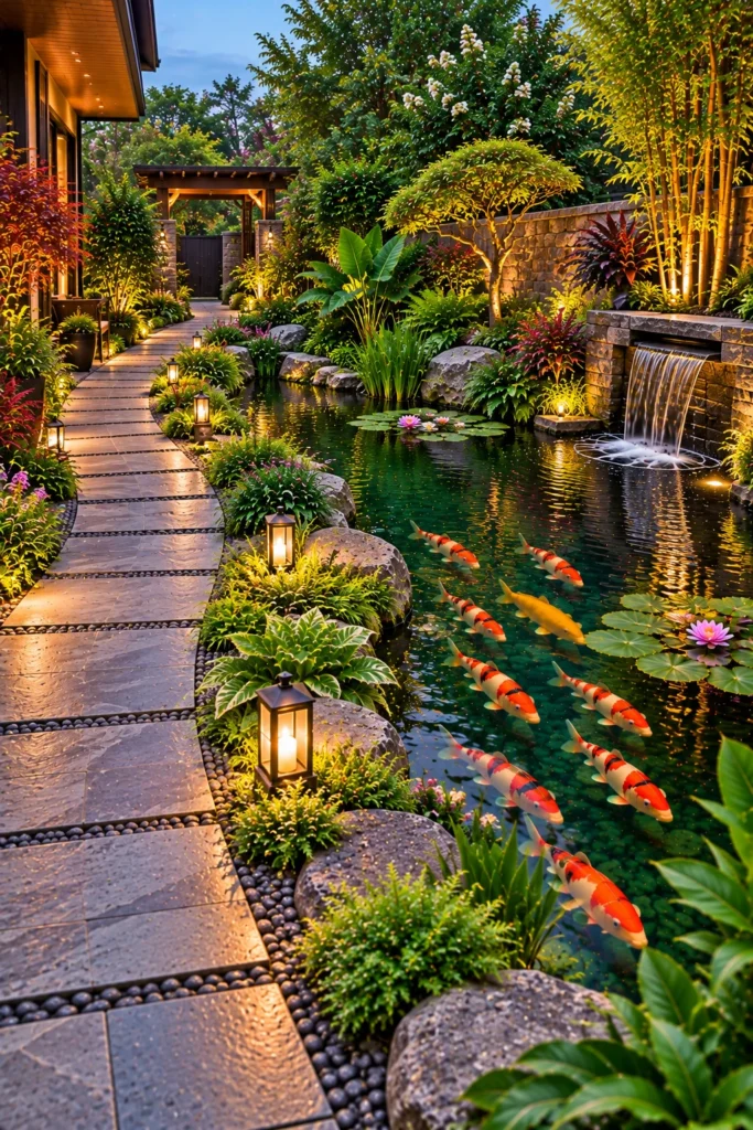 Koi Pond Beside a Garden Path