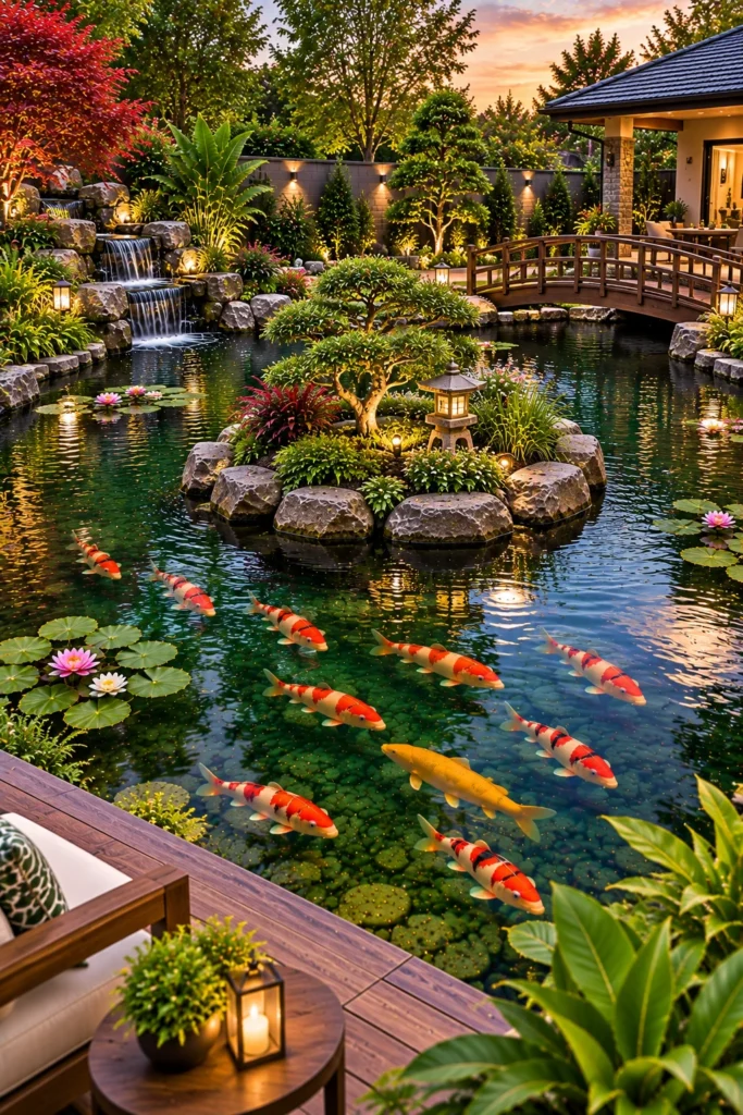 Koi Pond Beside a Garden Path