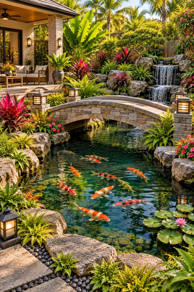 Koi Pond With a Stone Bridge