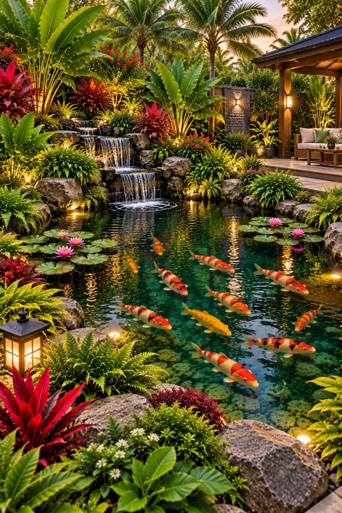 Koi Pond With a Tropical Garden Border