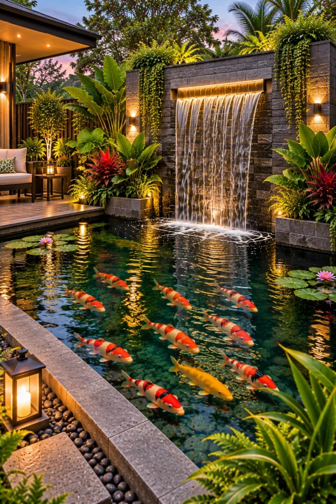 Koi Pond With a Waterfall Wall