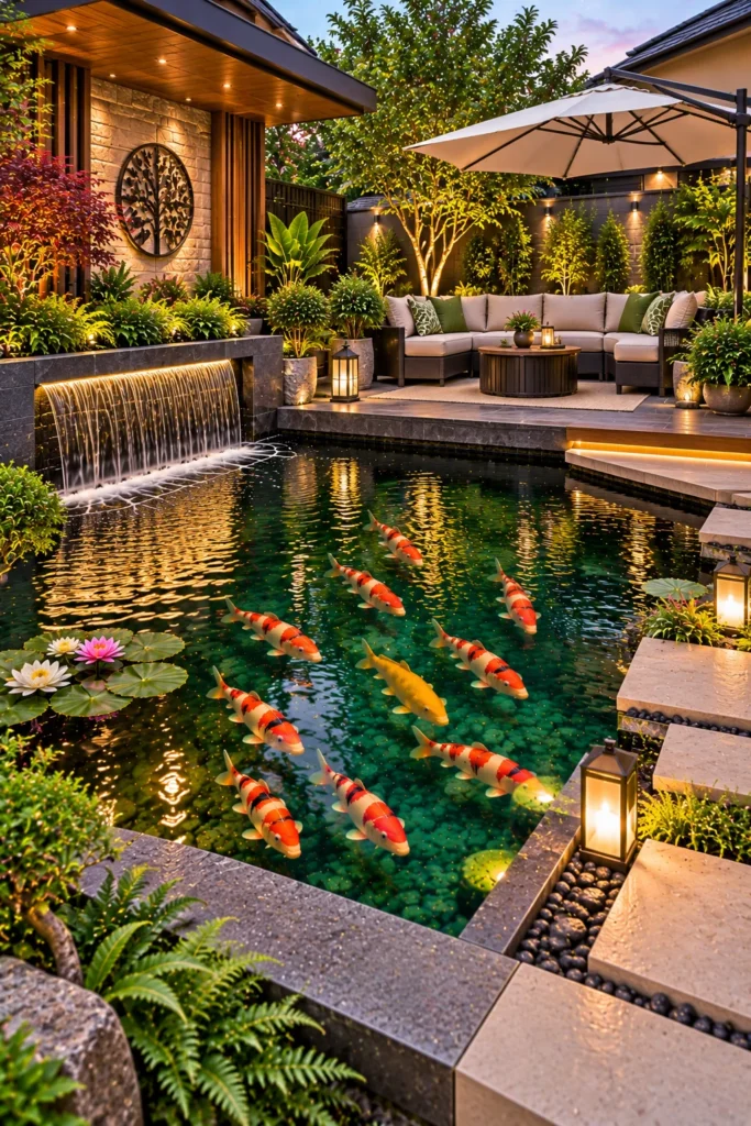Luxury Koi Pond With a Seating Area
